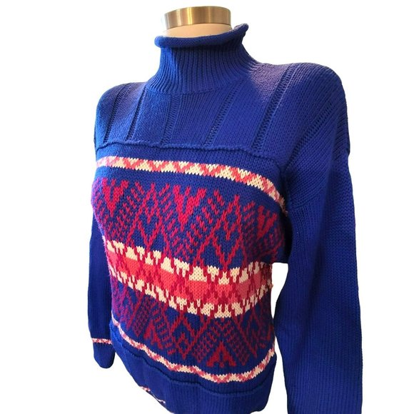 Ossi Skiwear Sweater Woman's 1980s Blue Pink Turtleneck Size Lg Vintage JJ1532 - Picture 3 of 9